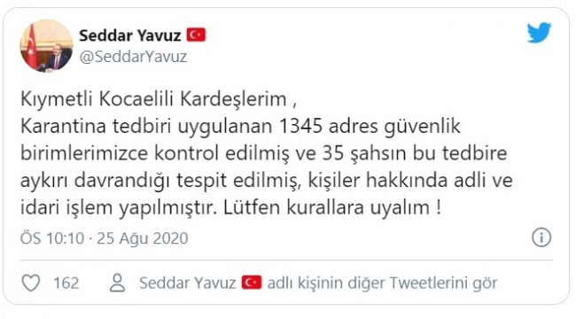 Kocaeli'de 1345 ev karantinada