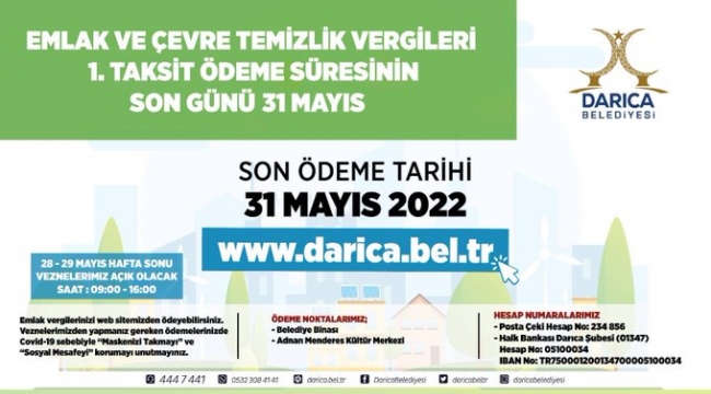 ​​​​​​​Darıca'da Emlak Vergisi 1. taksit ödemeleri için son gün 31 Mayıs