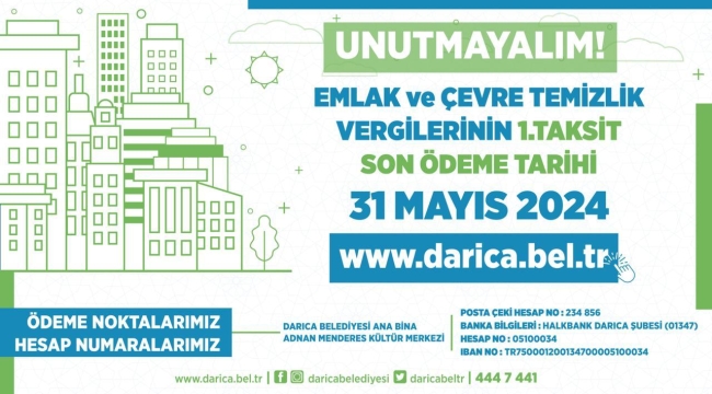 Darıca Belediyesi'nden Emlak vergisi uyarısı: Son gün 31 Mayıs