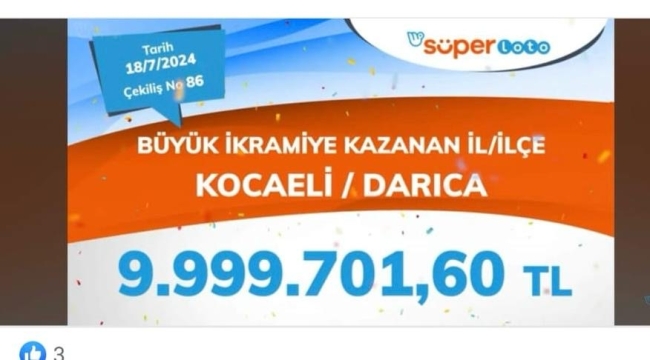 Süper Loto'da 9 milyon 999 bin 701 TL'lik ikramiye Darıca'ya çıktı!