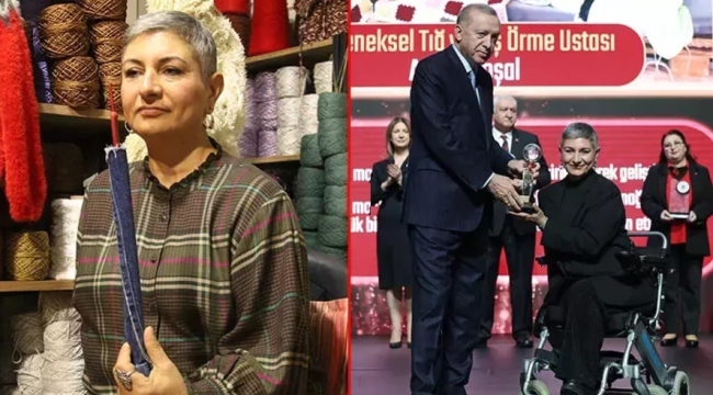 Gölcüklü Asime, ödülünü Cumhurbaşkanı Erdoğan'ın elinden aldı